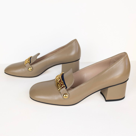 GUCCI Sylvie Loafer Pumps Tan Leather Mid-Heel Chain Web Stripe Women's EU 40 - Picture 6 of 12